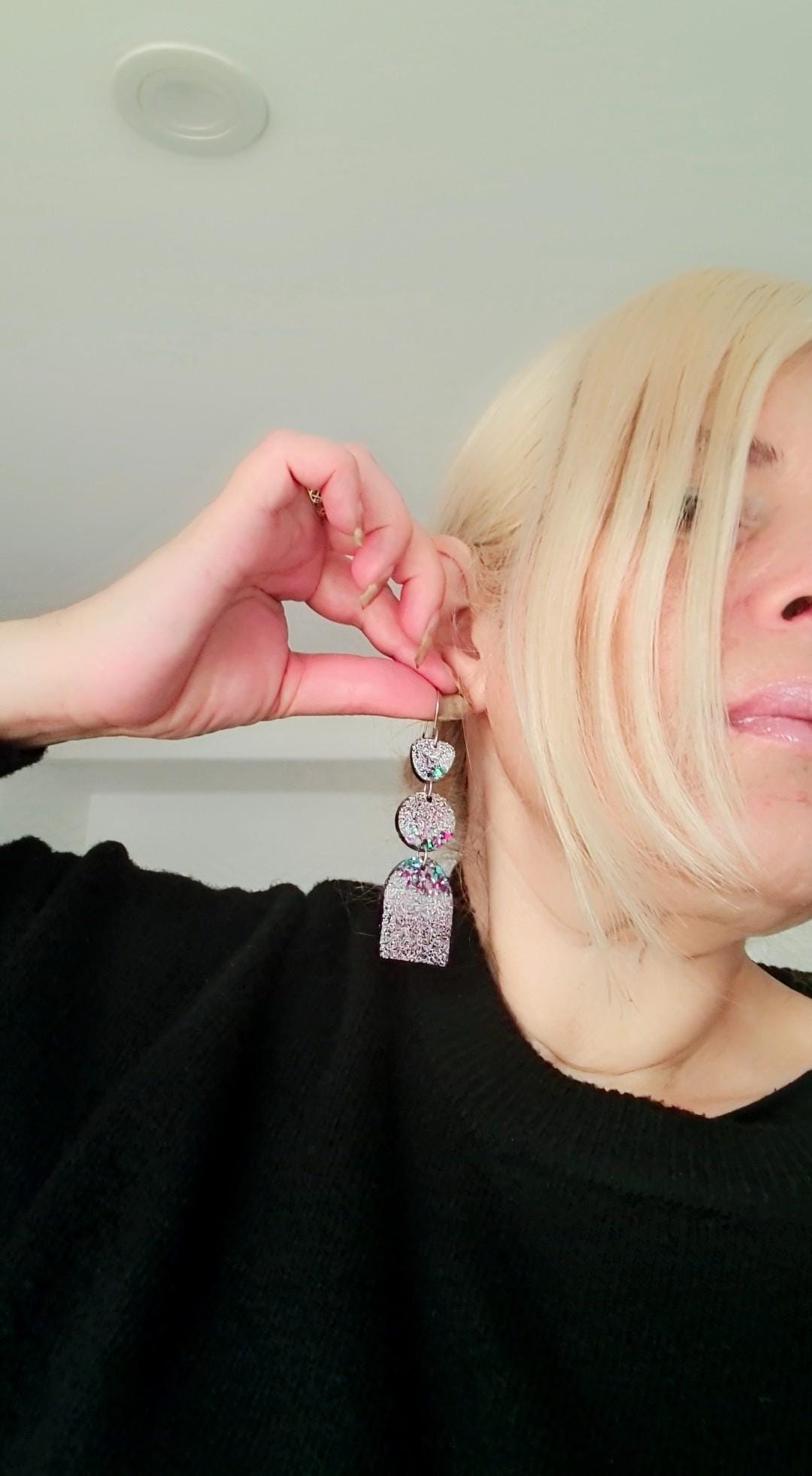 Purple Silver Teal Arch Dangle Earrings, Statement Earrings, Purple Glitter Dangle Stud Earrings, Stainless Steel Hypoallergenic. Gift