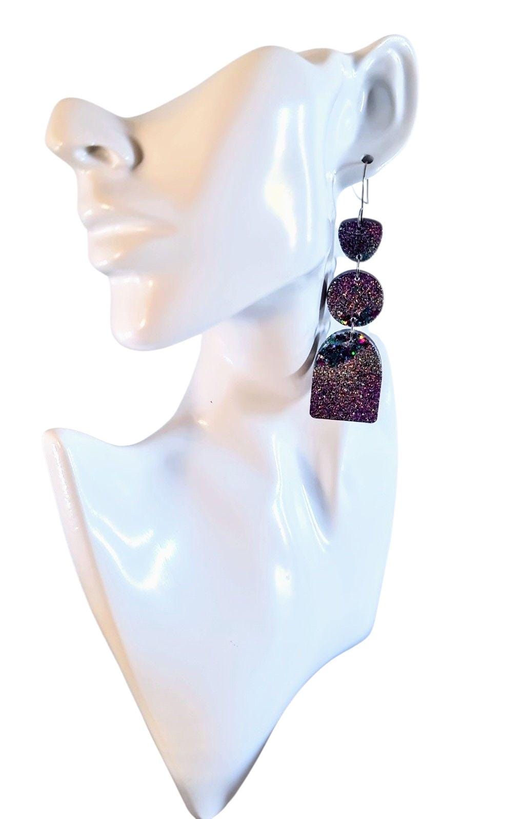 Purple Silver Teal Arch Dangle Earrings, Statement Earrings, Purple Glitter Dangle Stud Earrings, Stainless Steel Hypoallergenic. Gift