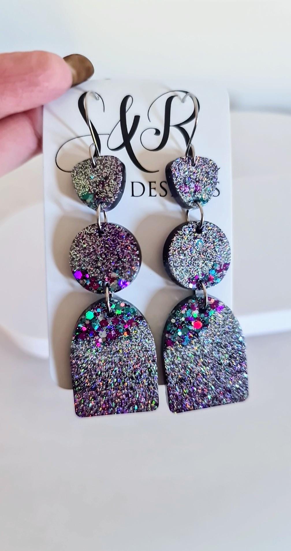 Purple Silver Teal Arch Dangle Earrings, Statement Earrings, Purple Glitter Dangle Stud Earrings, Stainless Steel Hypoallergenic. Gift