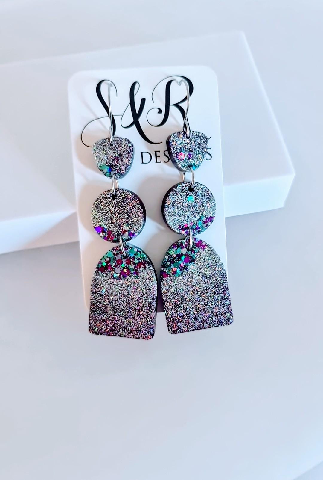 Purple Silver Teal Arch Dangle Earrings, Statement Earrings, Purple Glitter Dangle Stud Earrings, Stainless Steel Hypoallergenic. Gift