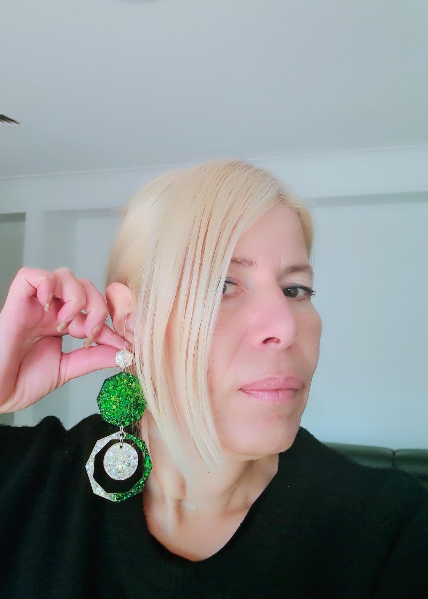 Green Glitter Statement Earrings, Hypoallergenic Stainless Steel, Geometric Dangle