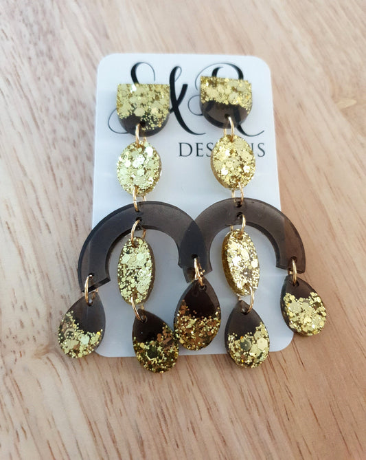 Large Oversized Gold Glitter Smoky Grey Chandelier Dangle Earrings, Glitter Dangles, Statement Long Earrings