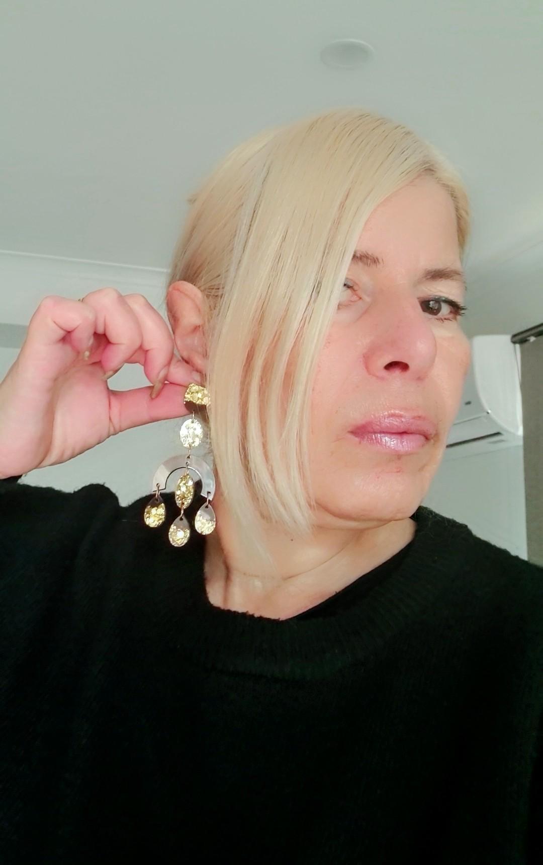 Large Oversized Gold Glitter Smoky Grey Chandelier Dangle Earrings, Glitter Dangles, Statement Long Earrings