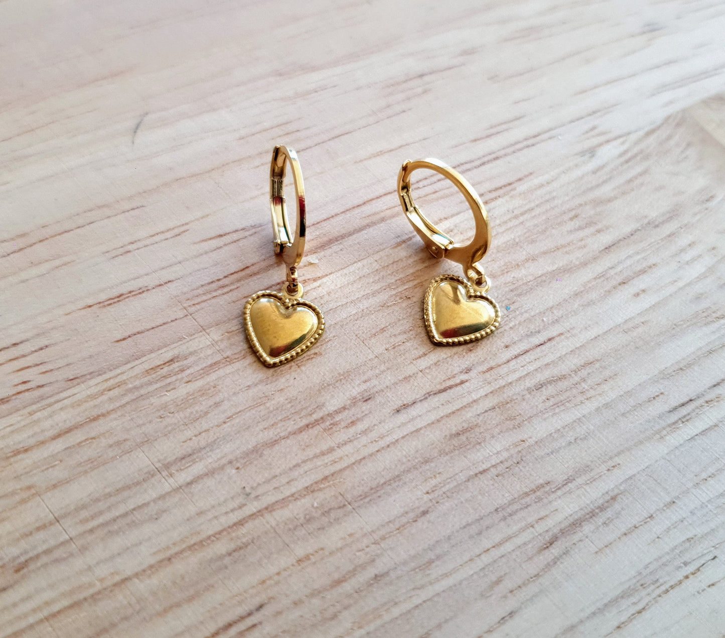 Gold Heart Earrings, Minimalist Dangle Drops, Stainless Steel Hoop or Leverback