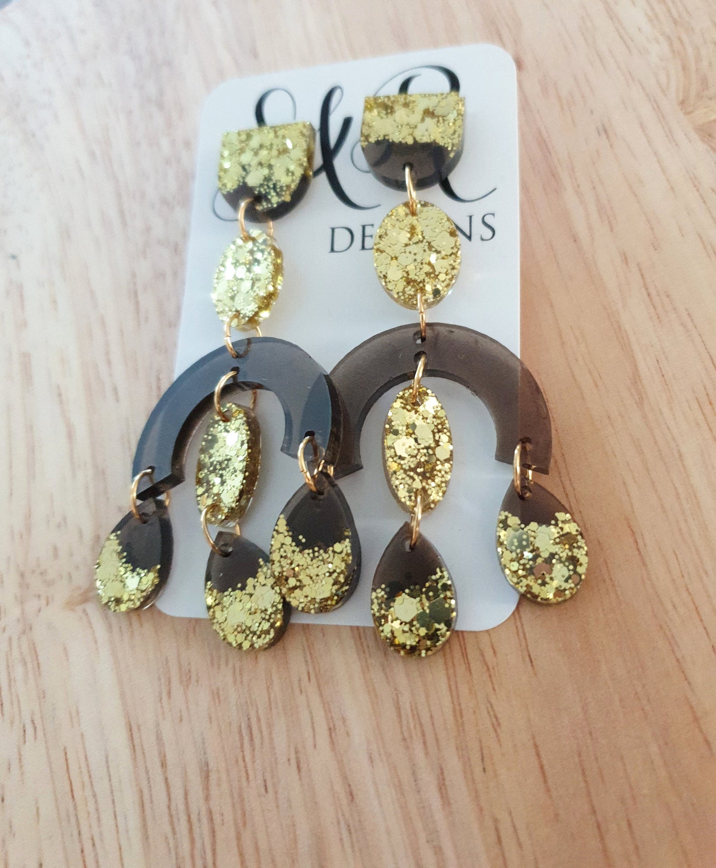 Large Oversized Gold Glitter Smoky Grey Chandelier Dangle Earrings, Glitter Dangles, Statement Long Earrings