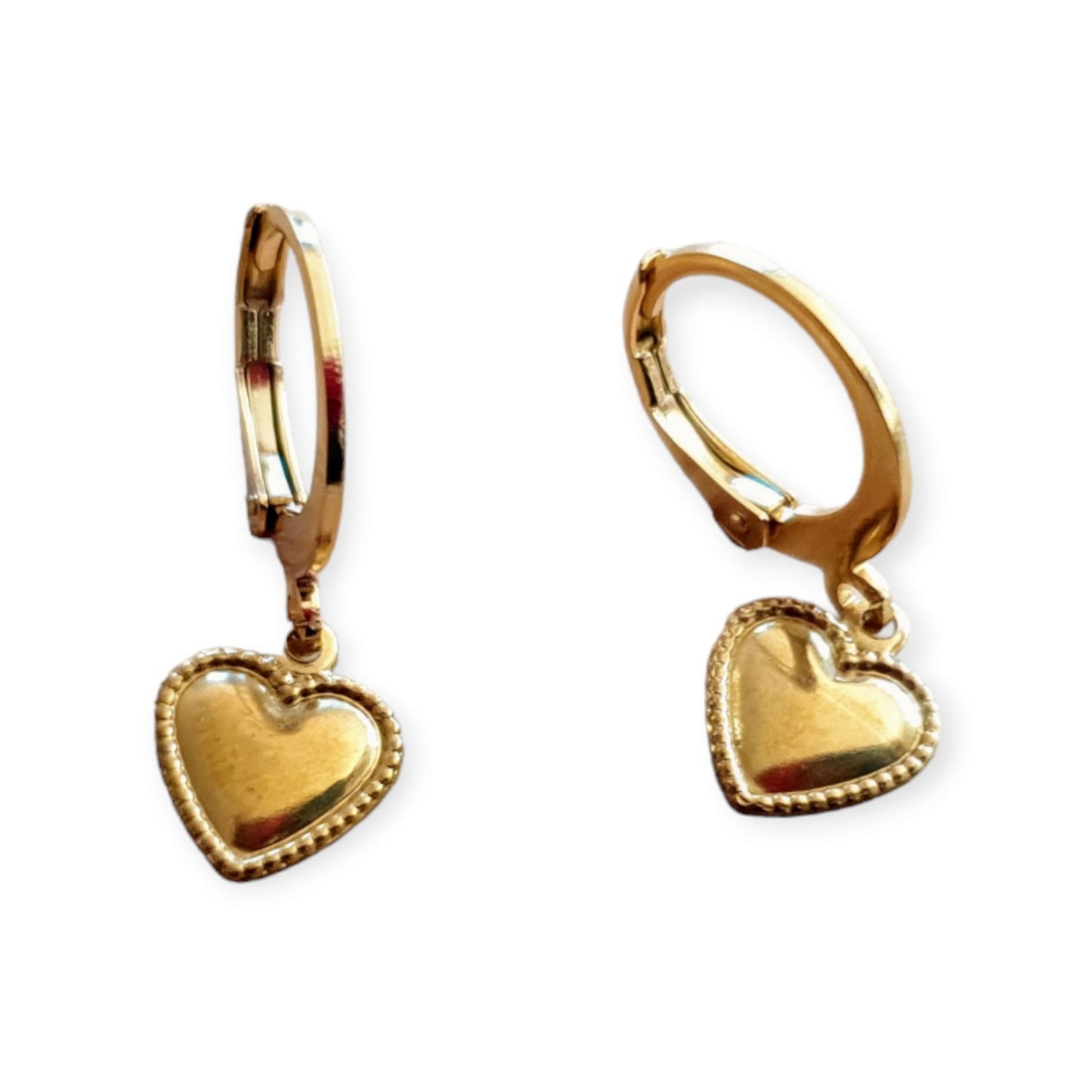 Gold Heart Earrings, Minimalist Dangle Drops, Stainless Steel Hoop or Leverback