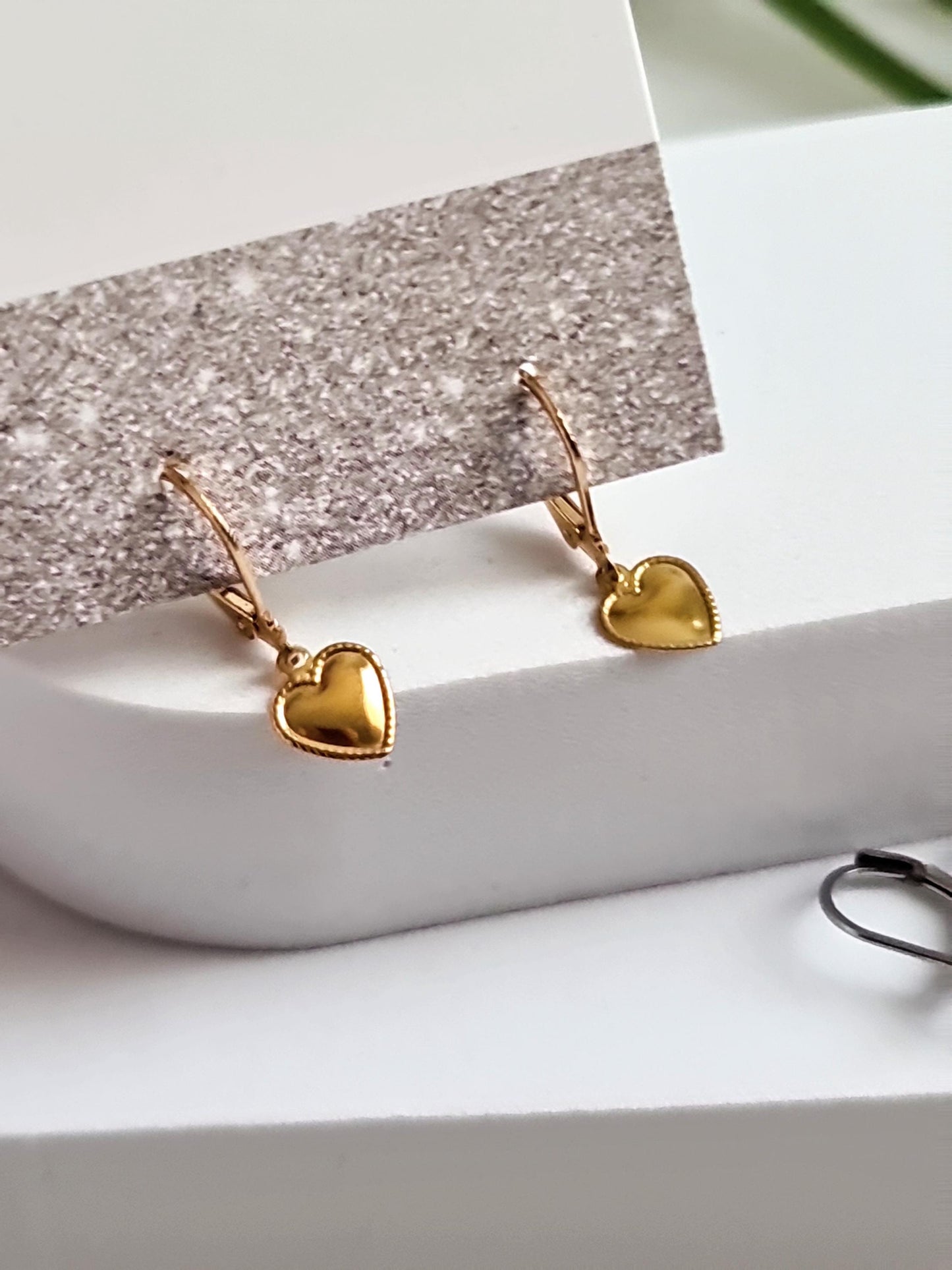 Gold Heart Earrings, Minimalist Dangle Drops, Stainless Steel Hoop or Leverback