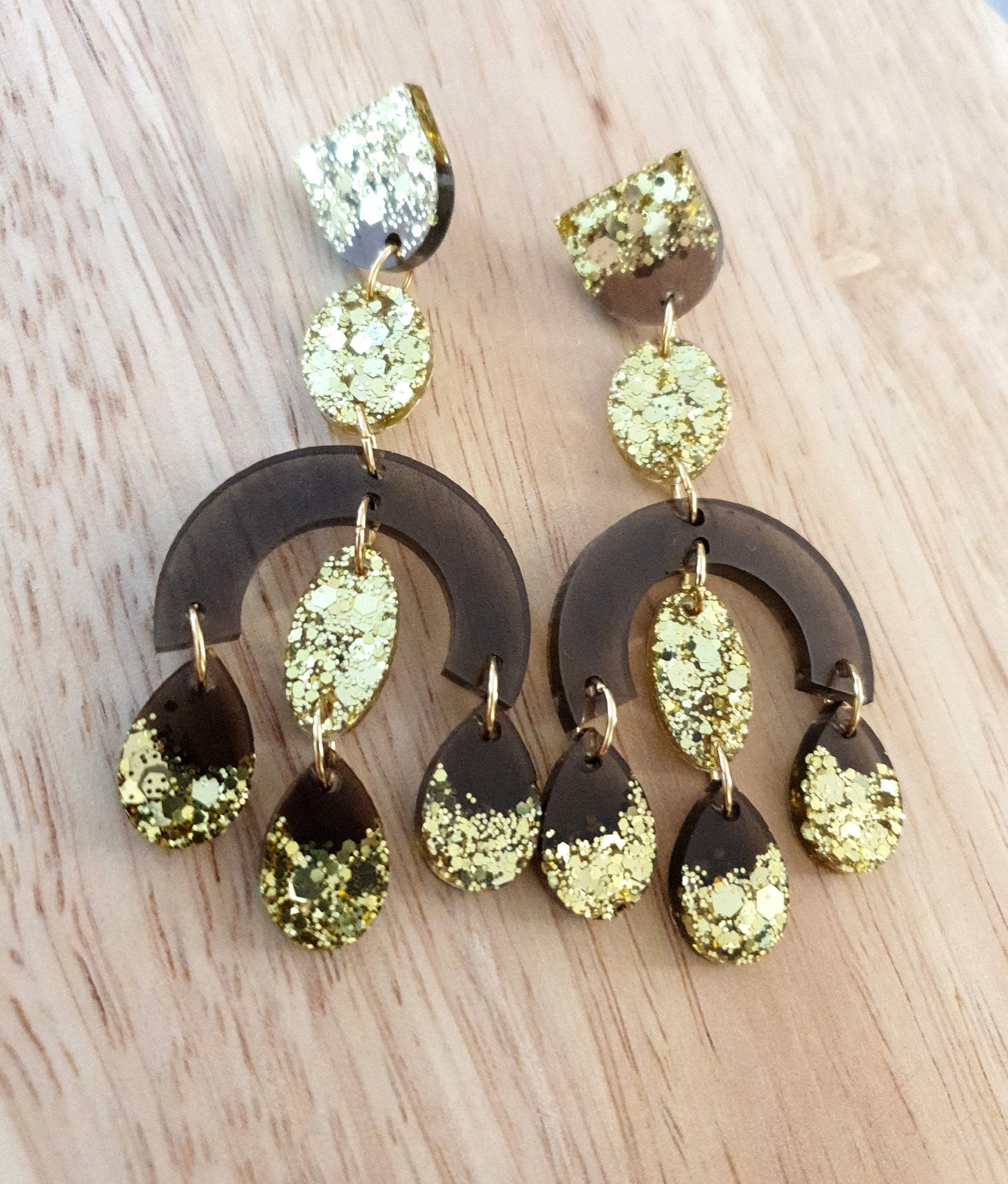 Large Oversized Gold Glitter Smoky Grey Chandelier Dangle Earrings, Glitter Dangles, Statement Long Earrings