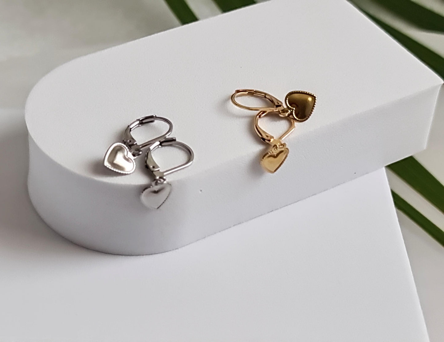 Gold Heart Earrings, Minimalist Dangle Drops, Stainless Steel Hoop or Leverback