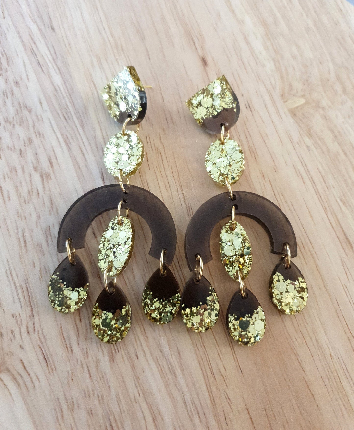 Large Oversized Gold Glitter Smoky Grey Chandelier Dangle Earrings, Glitter Dangles, Statement Long Earrings