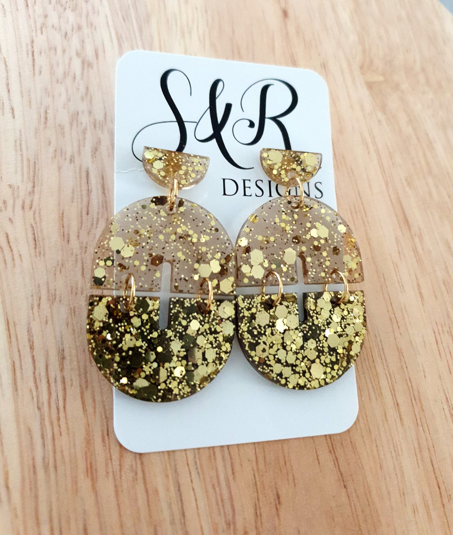Gold Arch Dangle Earrings, Gold Glitter and Light Smoky Grey Resin Dangles, Statement Earrings