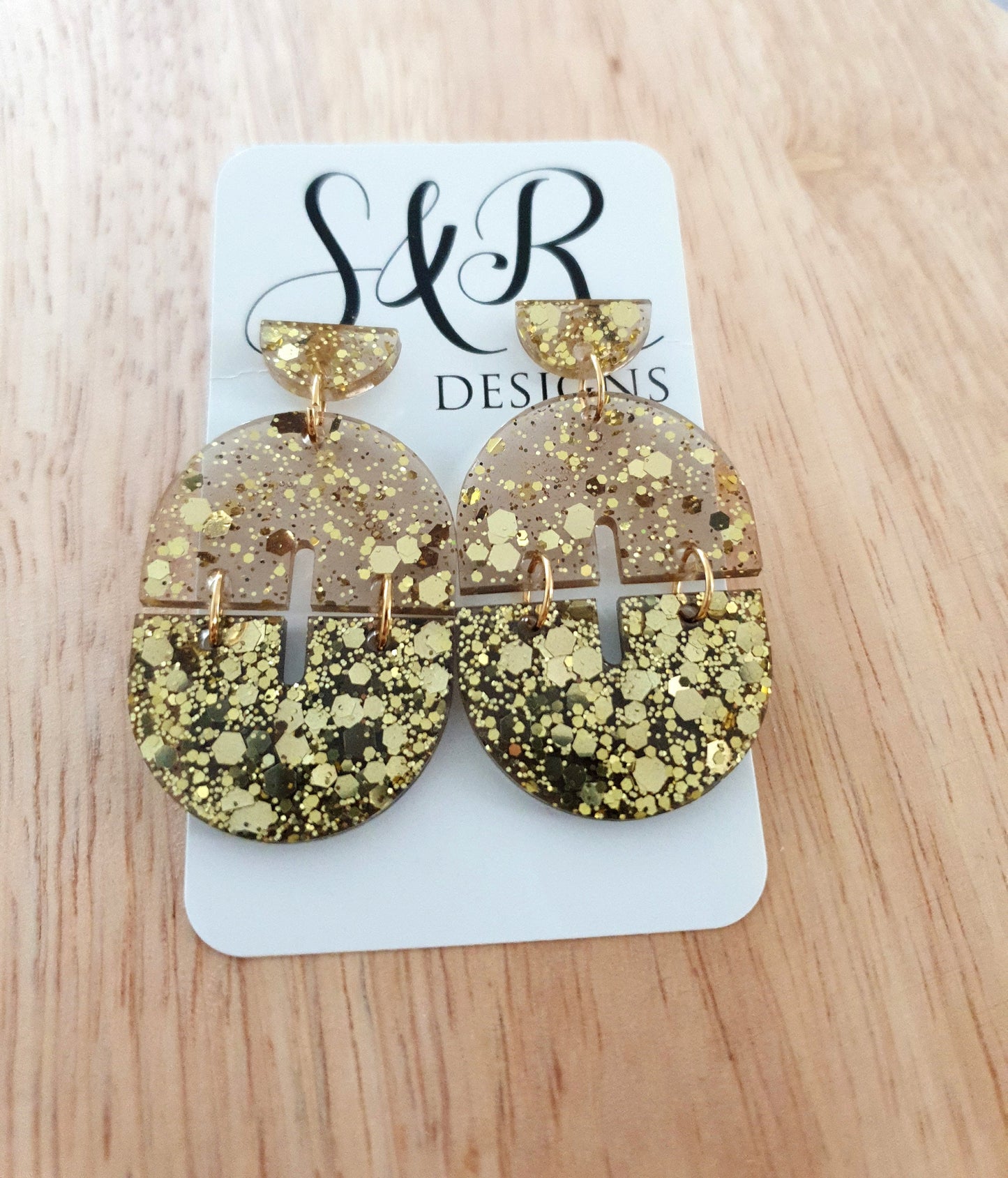 Gold Arch Dangle Earrings, Gold Glitter and Light Smoky Grey Resin Dangles, Statement Earrings