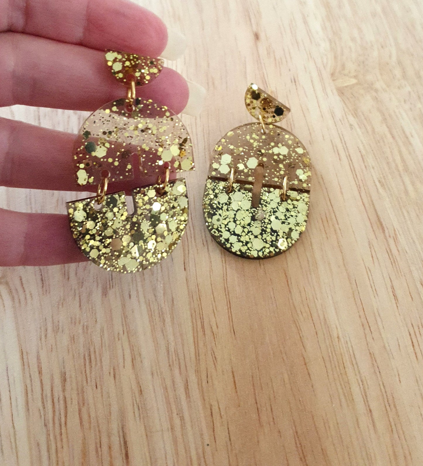 Gold Arch Dangle Earrings, Gold Glitter and Light Smoky Grey Resin Dangles, Statement Earrings