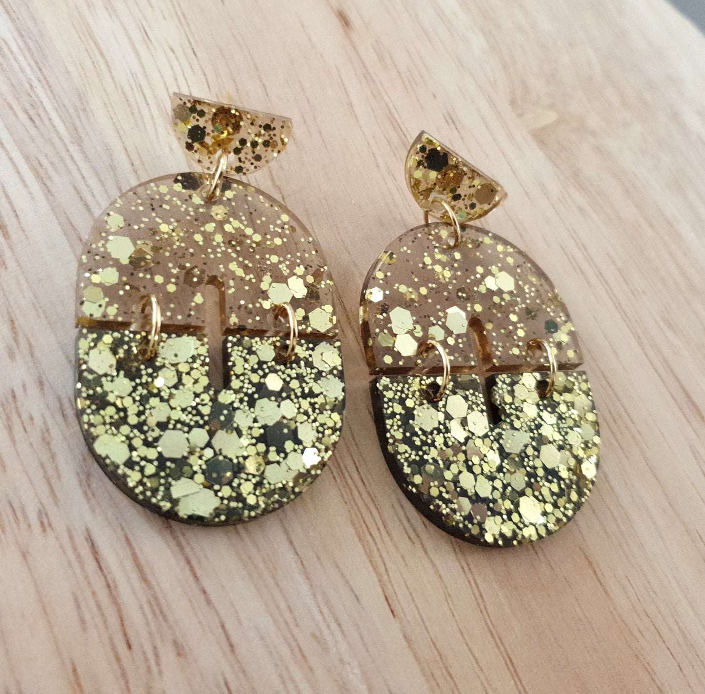 Gold Arch Dangle Earrings, Gold Glitter and Light Smoky Grey Resin Dangles, Statement Earrings