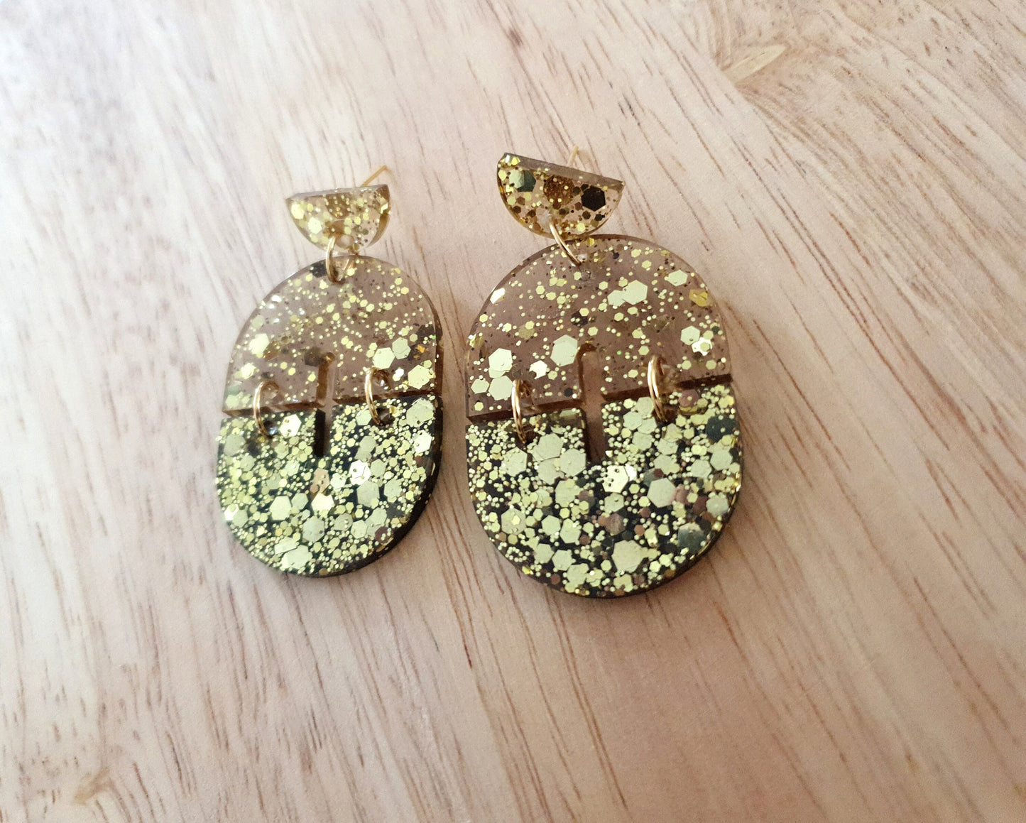 Gold Arch Dangle Earrings, Gold Glitter and Light Smoky Grey Resin Dangles, Statement Earrings