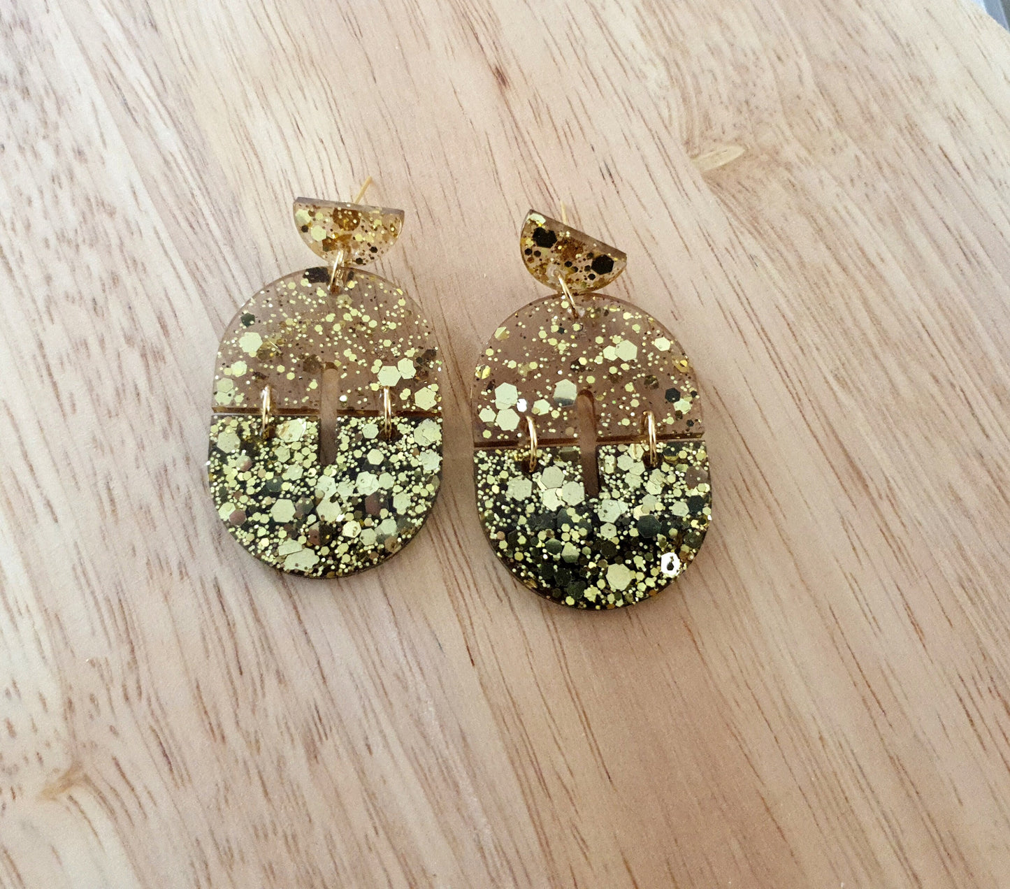 Gold Arch Dangle Earrings, Gold Glitter and Light Smoky Grey Resin Dangles, Statement Earrings