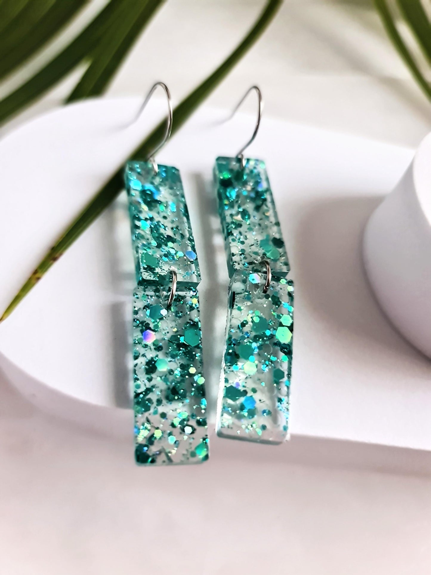 Turquoise Crystal Dangle Earrings, Handmade Glitter Statement Rectangle Earrings, Sparkly Acrylic Bar Earrings, Lightweight Party Jewelry
