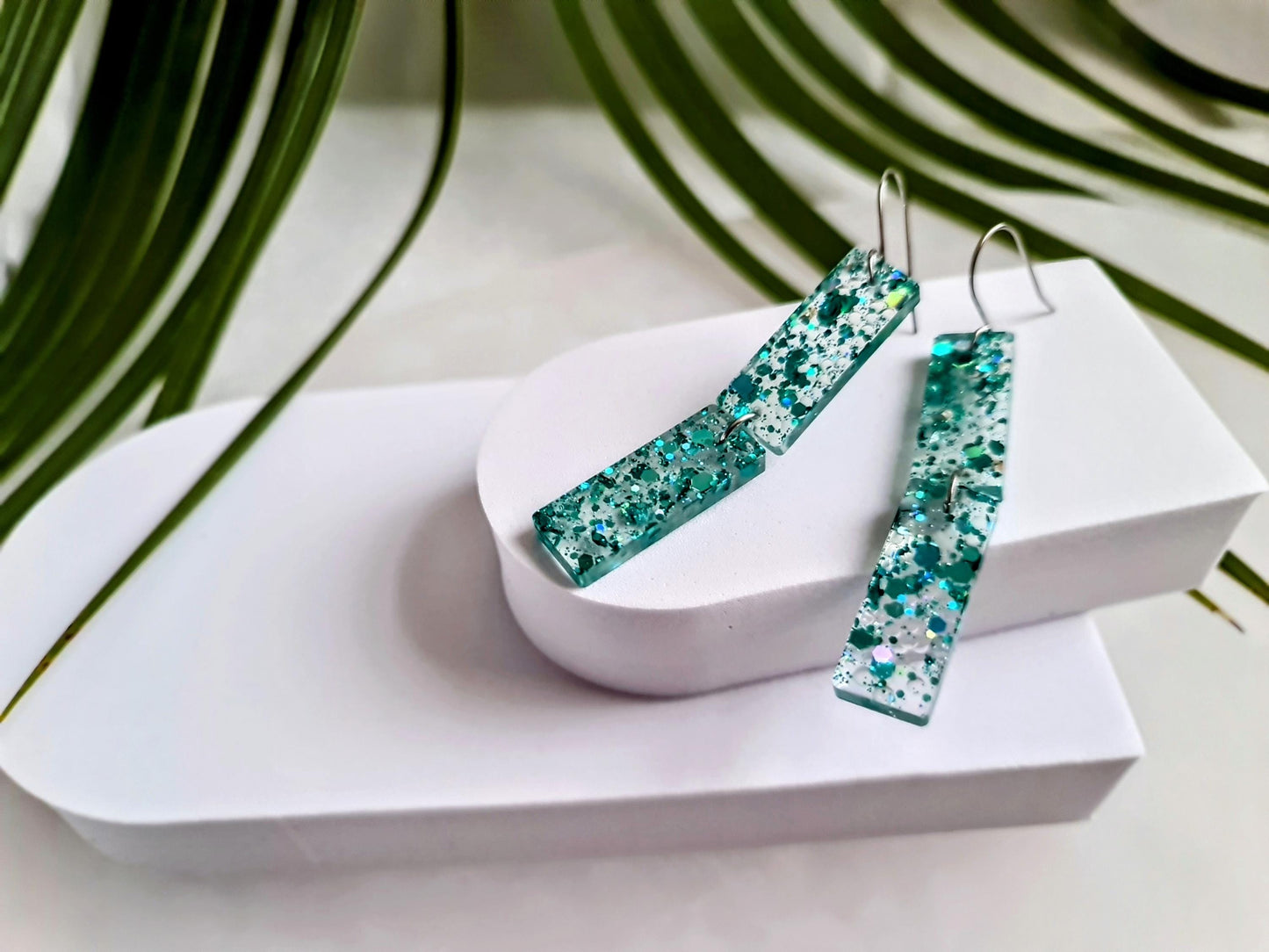 Turquoise Crystal Dangle Earrings, Handmade Glitter Statement Rectangle Earrings, Sparkly Acrylic Bar Earrings, Lightweight Party Jewelry