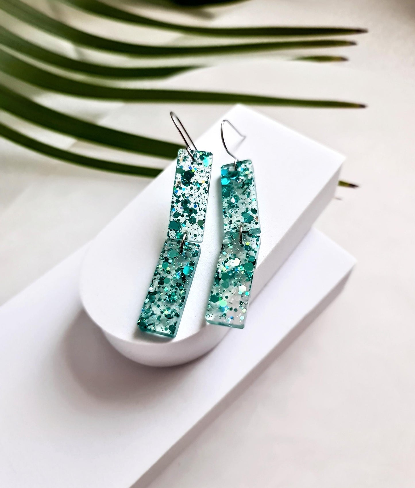 Turquoise Crystal Dangle Earrings, Handmade Glitter Statement Rectangle Earrings, Sparkly Acrylic Bar Earrings, Lightweight Party Jewelry