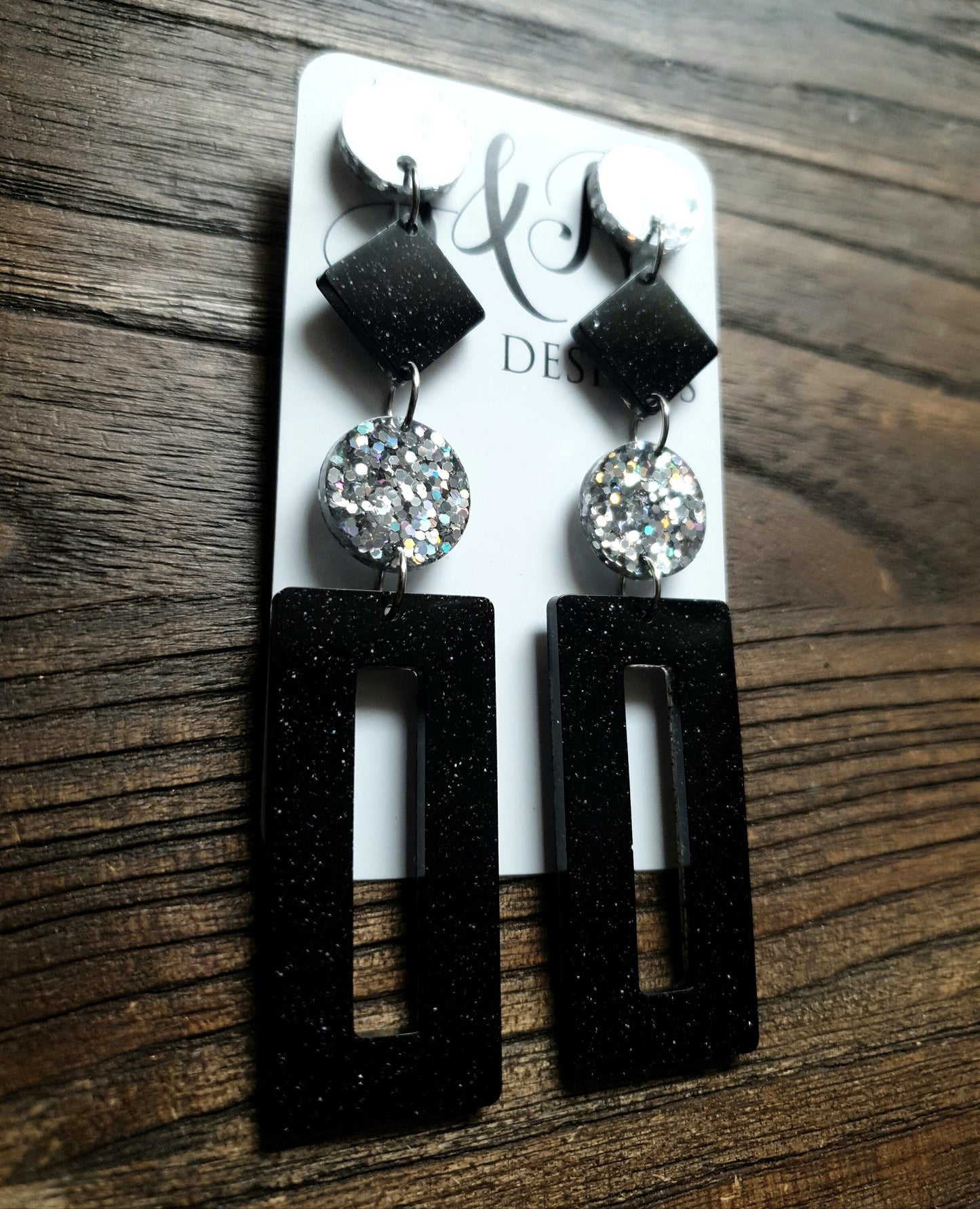 Black Rectangle Long Dangle Resin Earrings, Statement Silver Holographic and Black Glitter Handmade, Extra Long Dangle Earrings, 10.5cm long