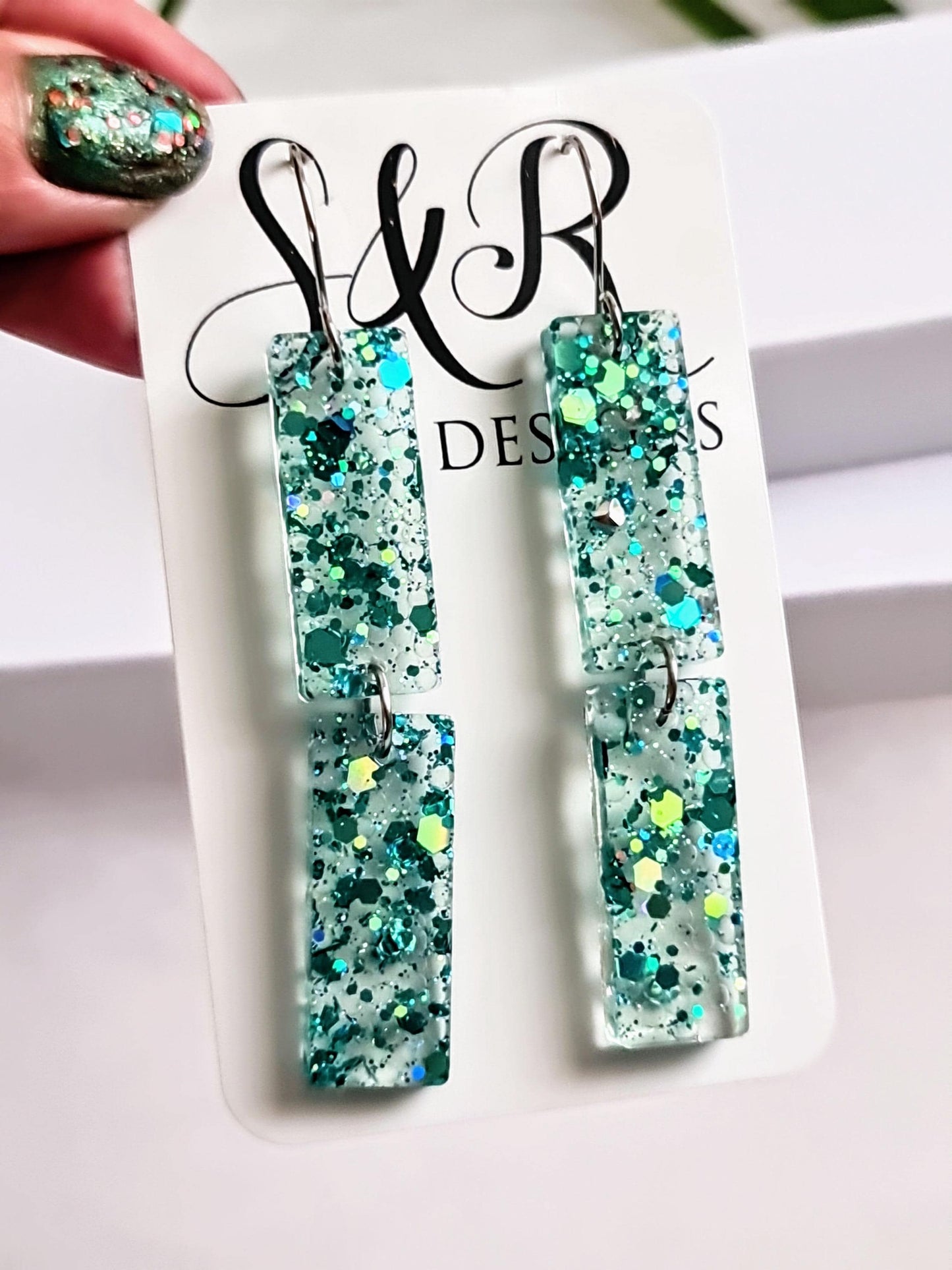 Turquoise Crystal Dangle Earrings, Handmade Glitter Statement Rectangle Earrings, Sparkly Acrylic Bar Earrings, Lightweight Party Jewelry