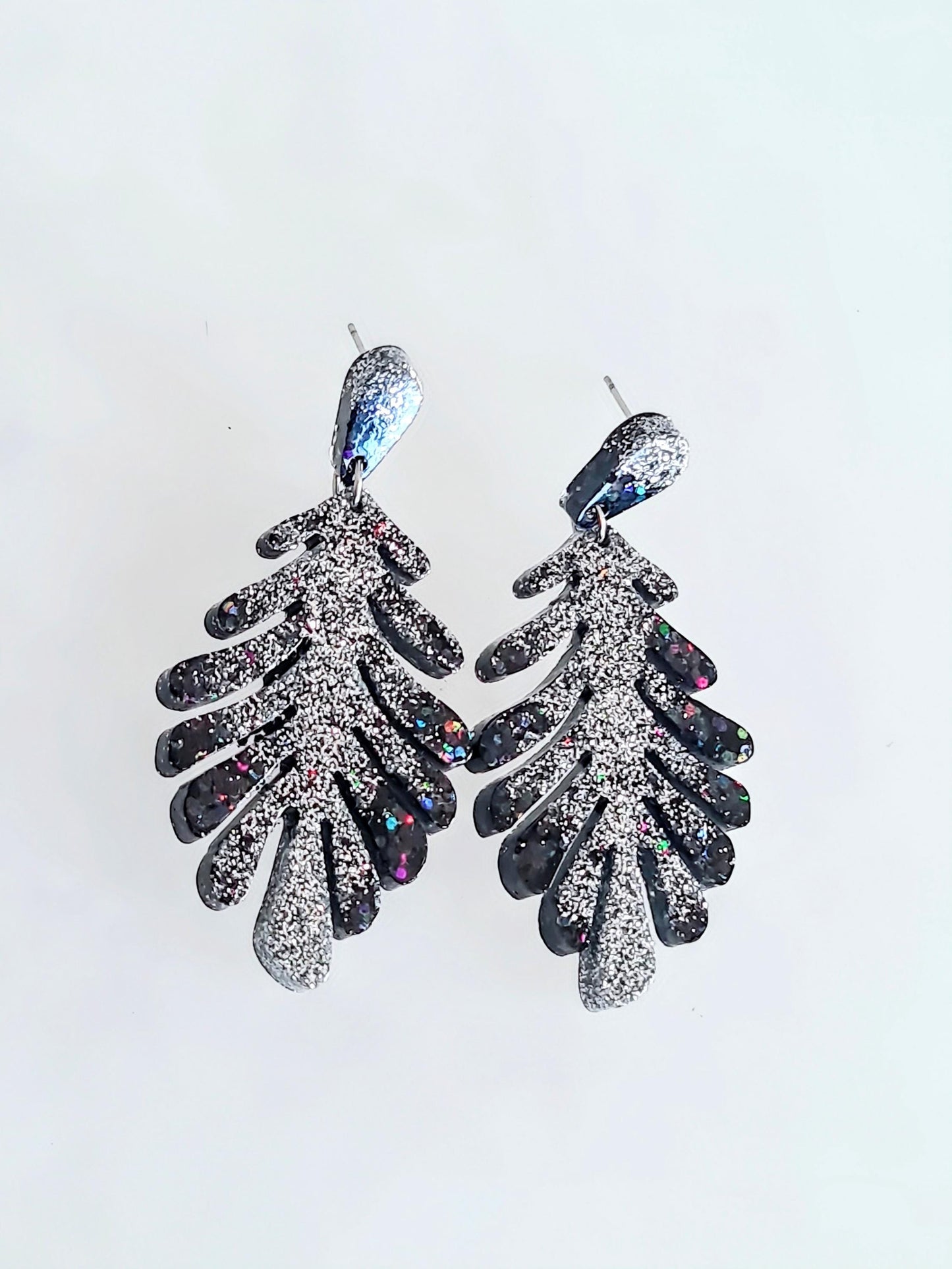 Black Leaves Dangle Drop Earrings, Black & Silver Glitter Resin Leaf Earrings, Bold Statement Jewellery, Gift for her, Hypoallergenic