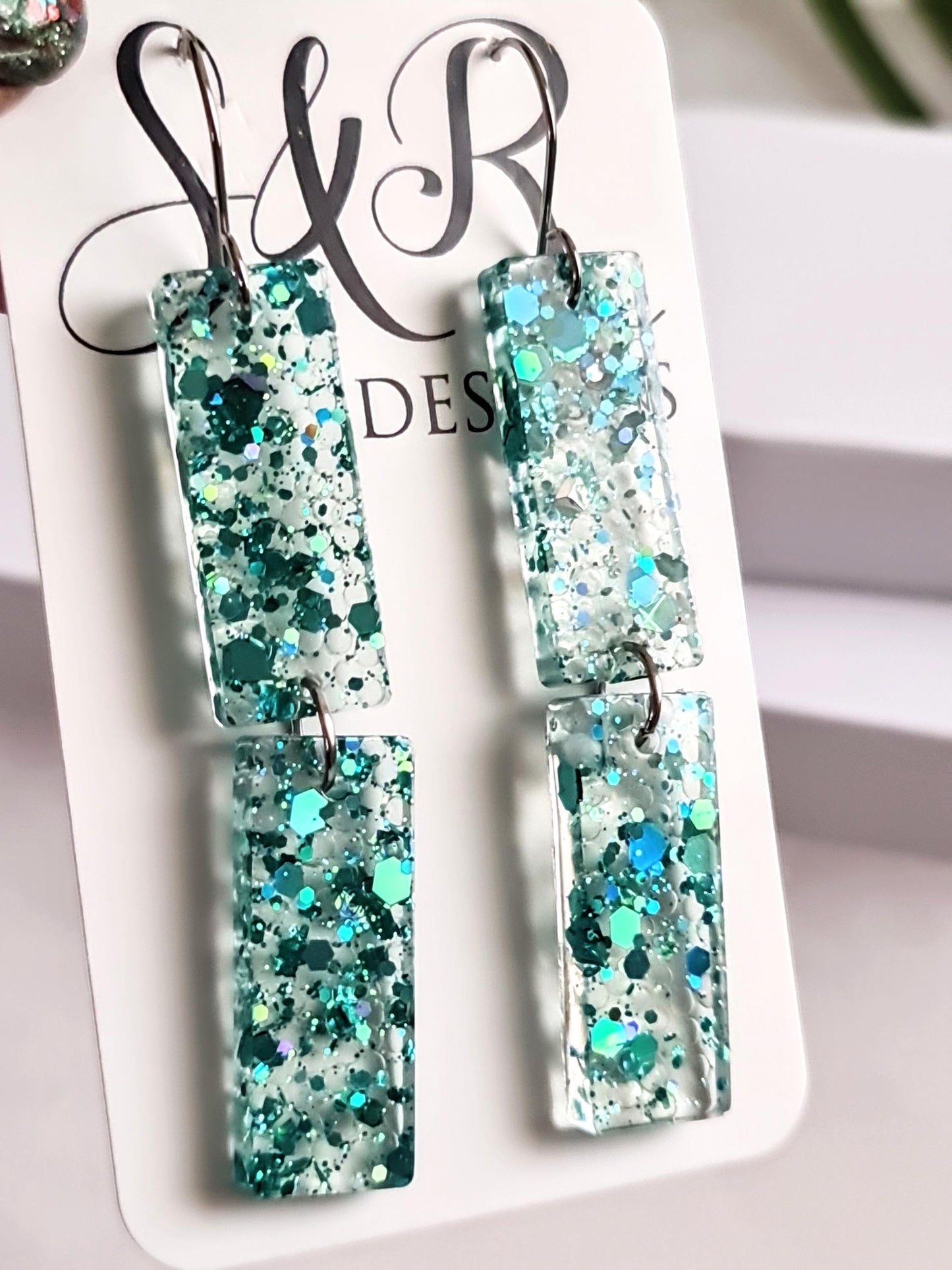 Turquoise Crystal Dangle Earrings, Handmade Glitter Statement Rectangle Earrings, Sparkly Acrylic Bar Earrings, Lightweight Party Jewelry
