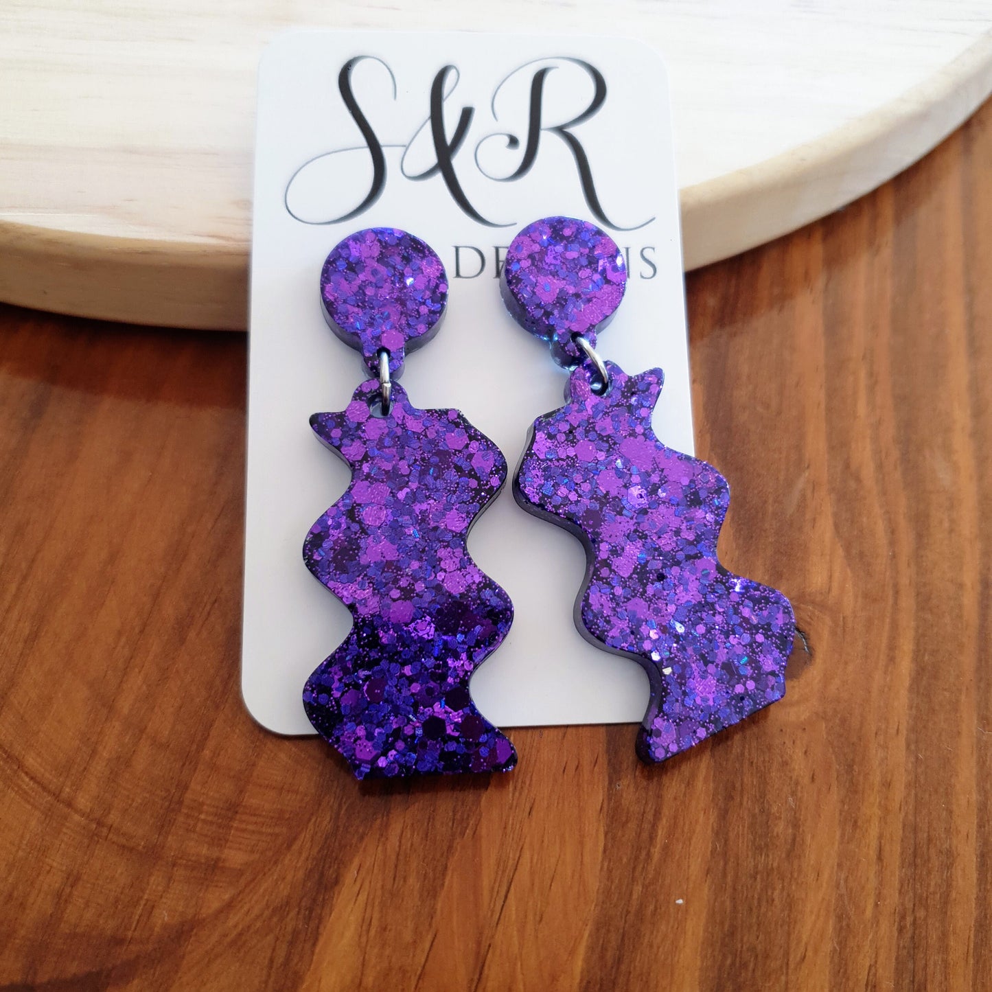 Purple Wave Dangle Drop Earrings, Purple Mix Glitters, Statement Handmade Resin Earrings