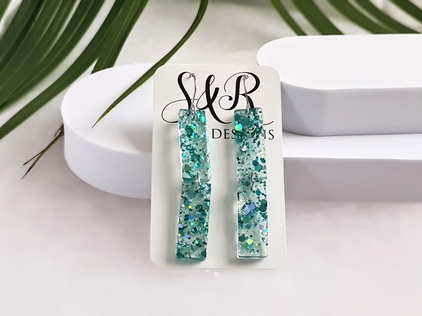 Turquoise Crystal Dangle Earrings, Handmade Glitter Statement Rectangle Earrings, Sparkly Acrylic Bar Earrings, Lightweight Party Jewelry