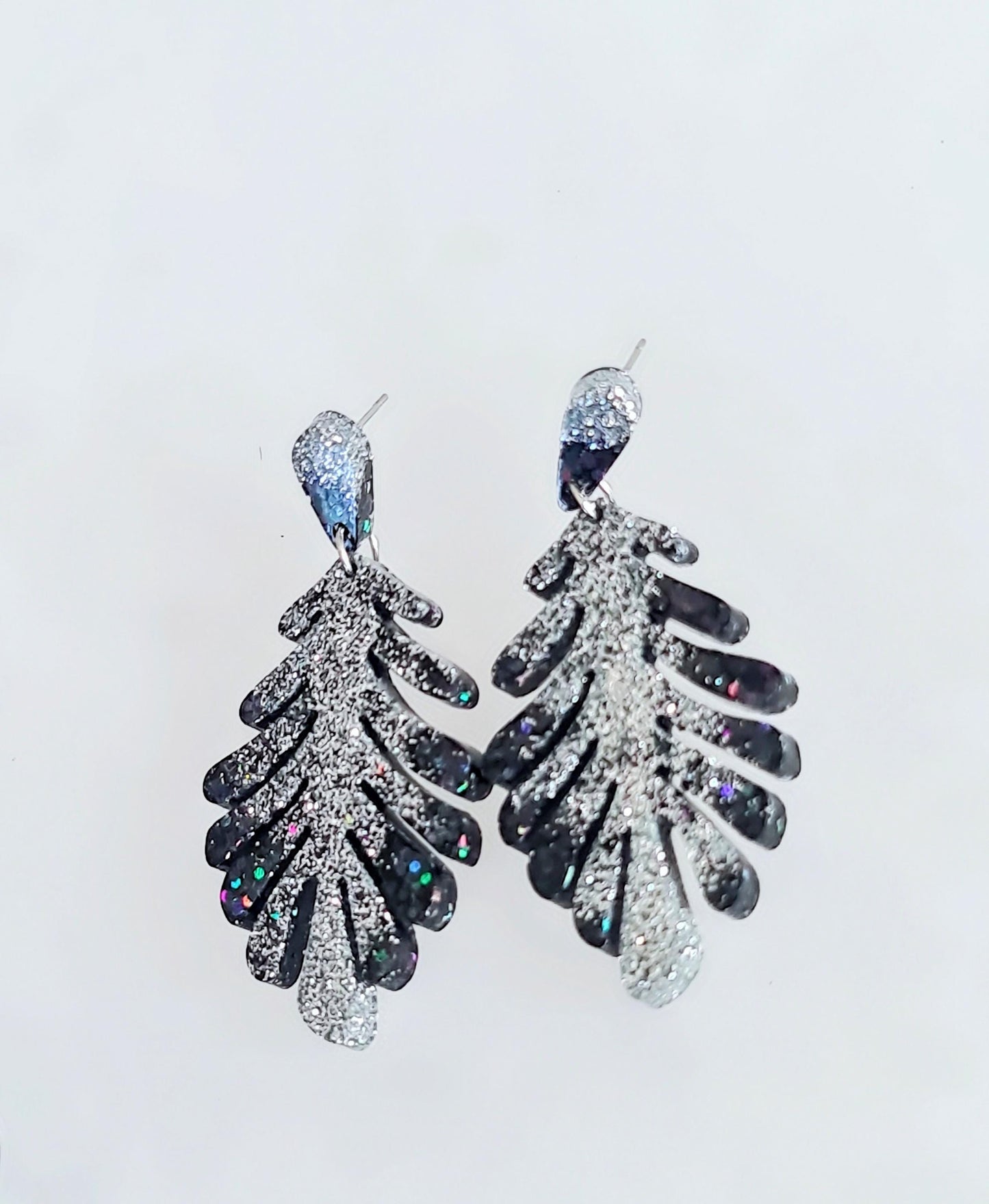 Black Leaves Dangle Drop Earrings, Black & Silver Glitter Resin Leaf Earrings, Bold Statement Jewellery, Gift for her, Hypoallergenic