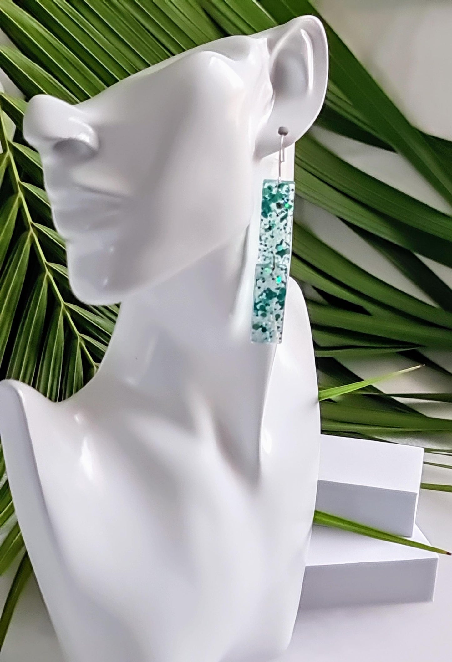 Turquoise Crystal Dangle Earrings, Handmade Glitter Statement Rectangle Earrings, Sparkly Acrylic Bar Earrings, Lightweight Party Jewelry