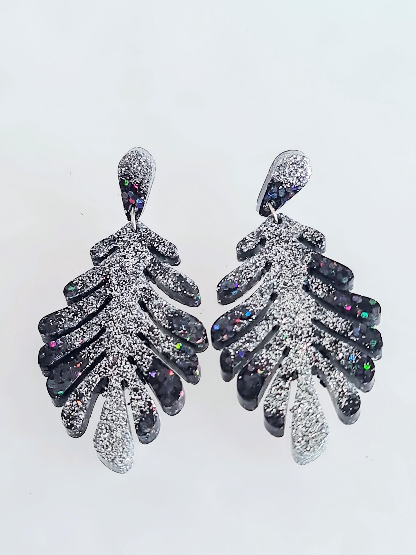 Black Leaves Dangle Drop Earrings, Black & Silver Glitter Resin Leaf Earrings, Bold Statement Jewellery, Gift for her, Hypoallergenic