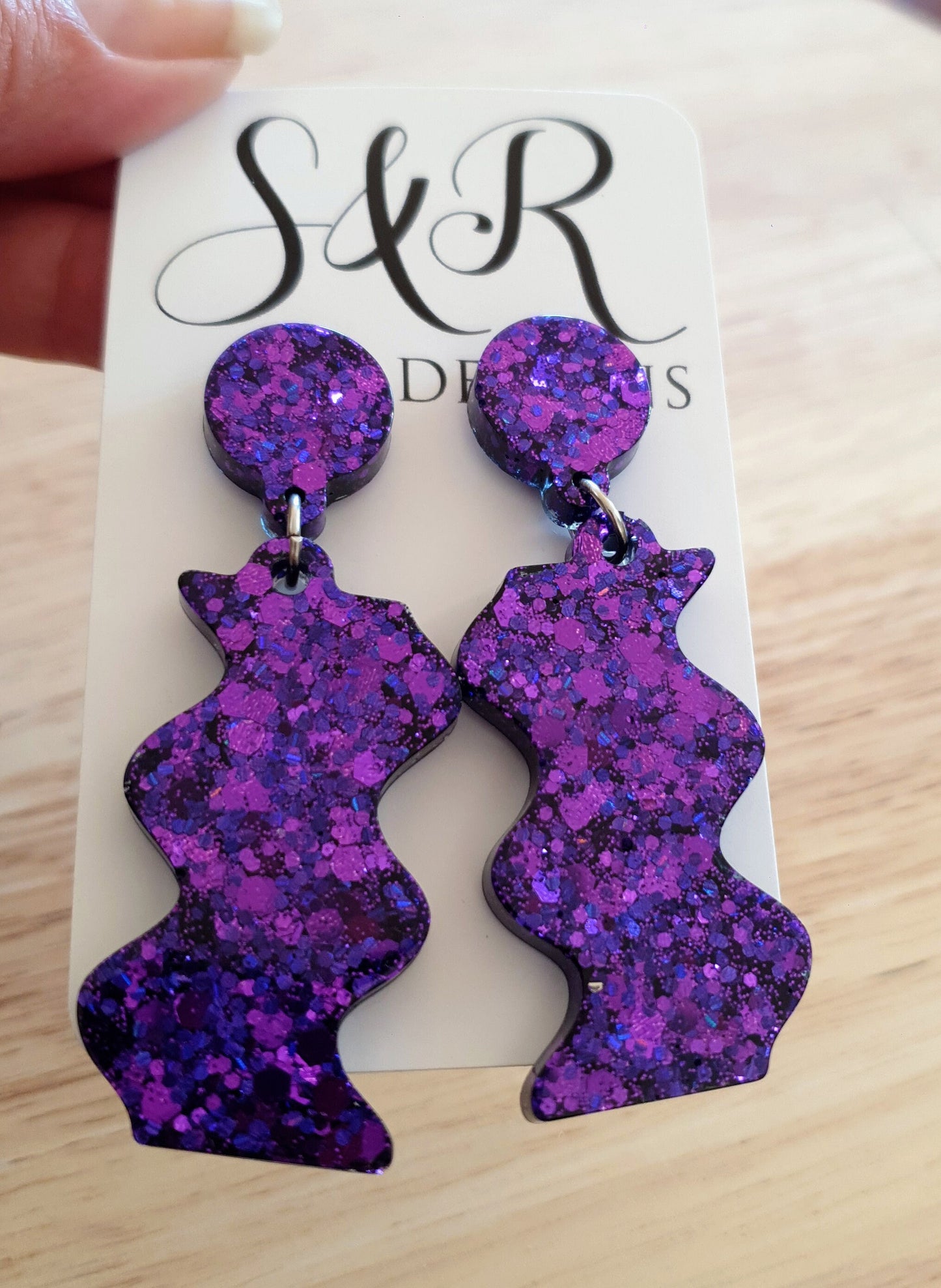 Purple Wave Dangle Drop Earrings, Purple Mix Glitters, Statement Handmade Resin Earrings