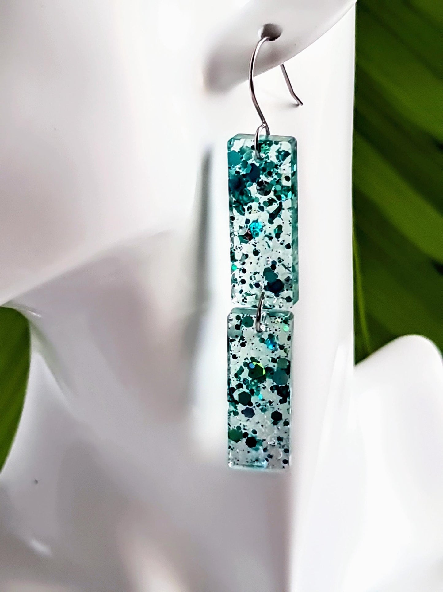 Turquoise Crystal Dangle Earrings, Handmade Glitter Statement Rectangle Earrings, Sparkly Acrylic Bar Earrings, Lightweight Party Jewelry