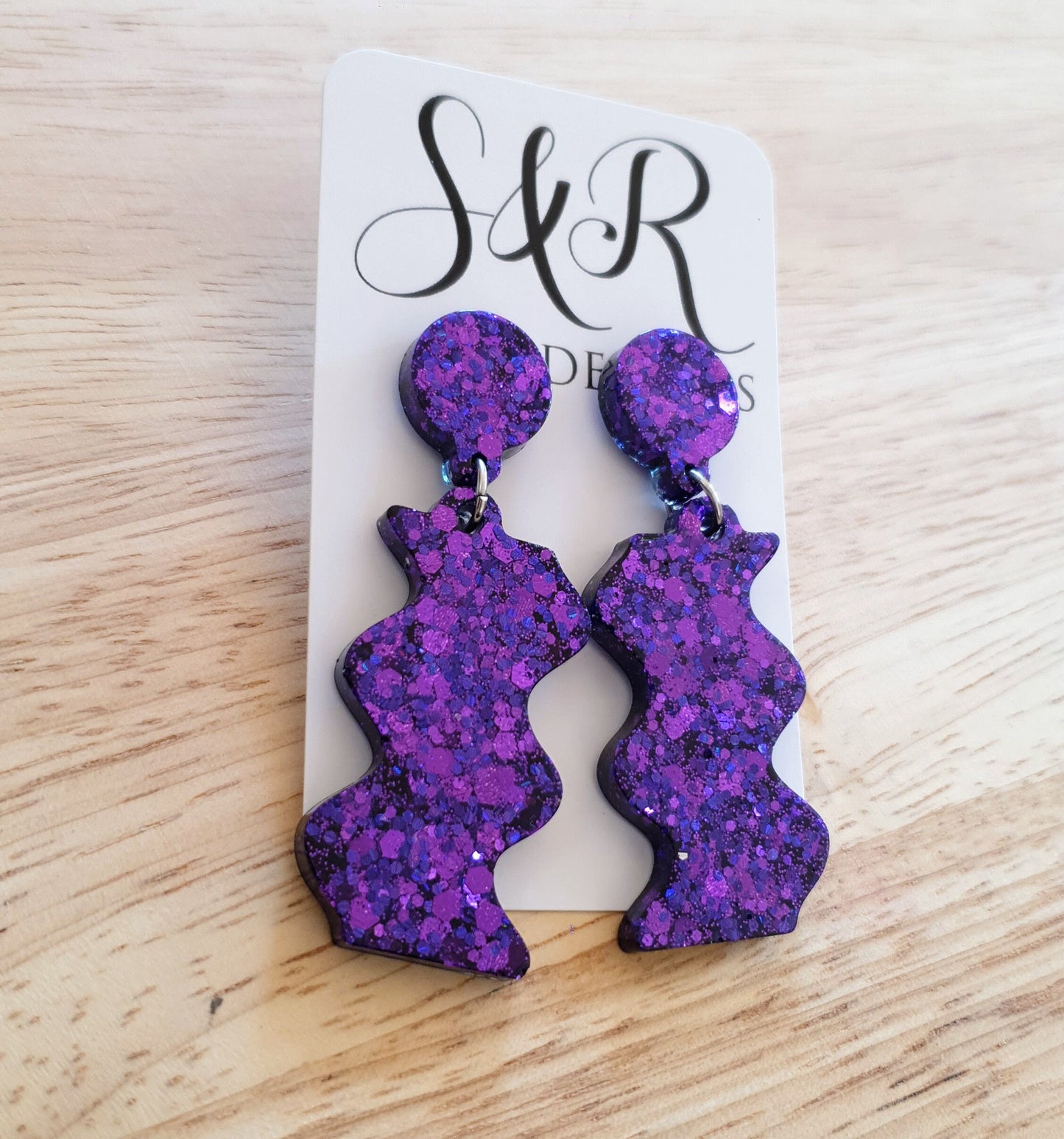 Purple Wave Dangle Drop Earrings, Purple Mix Glitters, Statement Handmade Resin Earrings