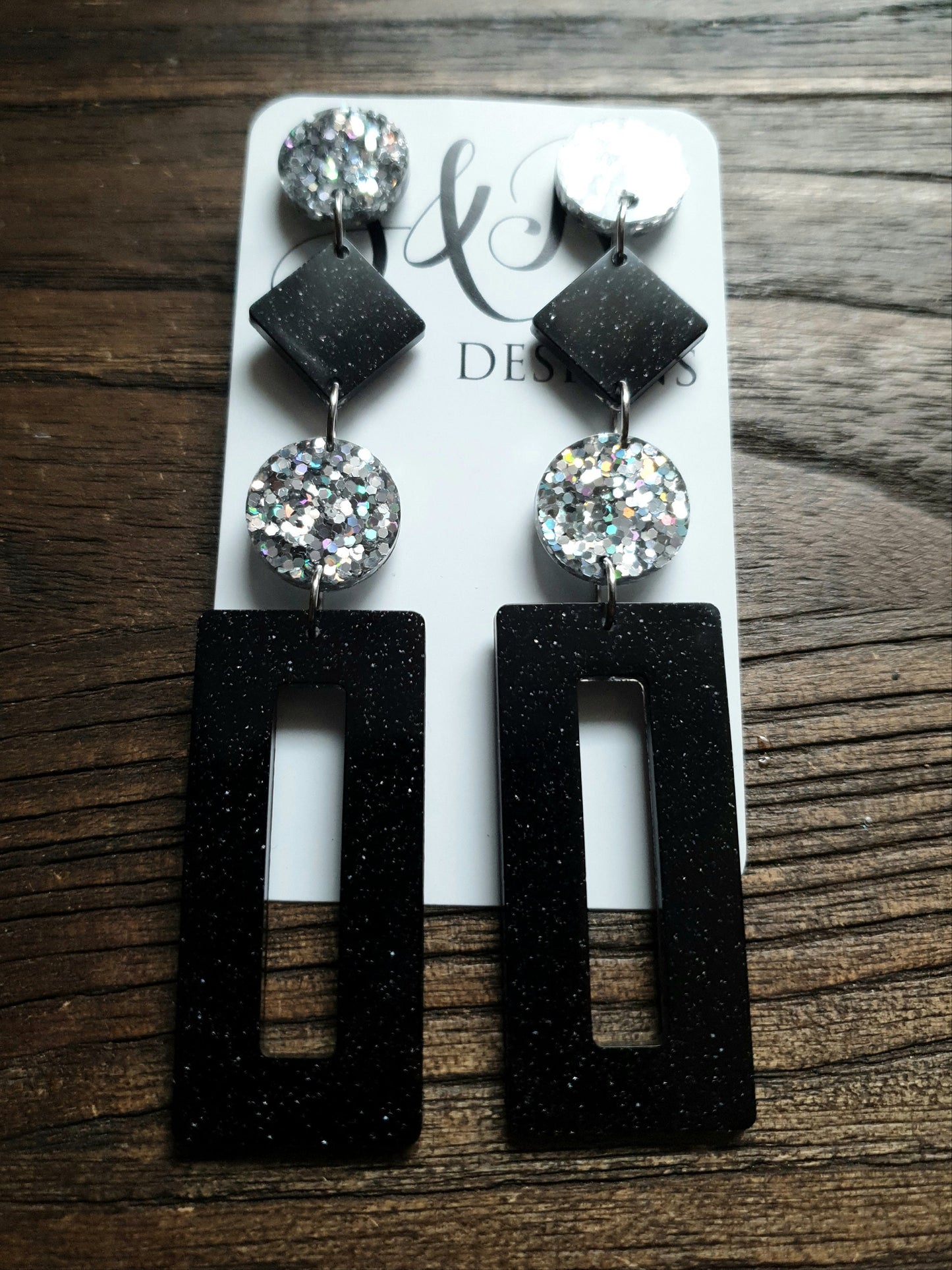 Black Rectangle Long Dangle Resin Earrings, Statement Silver Holographic and Black Glitter Handmade, Extra Long Dangle Earrings, 10.5cm long