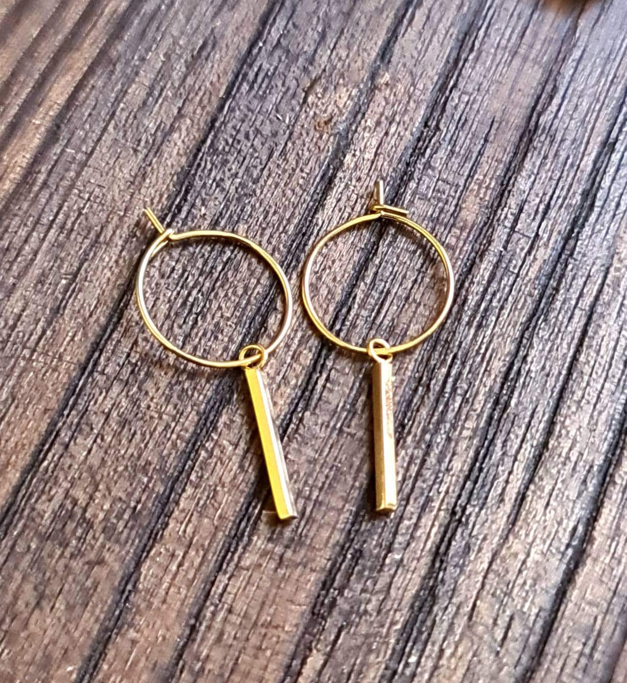 Hoop Earrings, Gold Bar Stainless Steel Dangle Hoops Earrings, Choose Hoop, Leverback,  Earwire Hook or Threaders