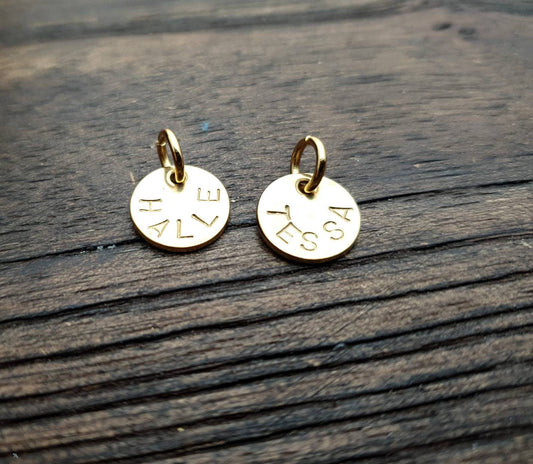 Personalised Gold Disc Charm, Disc with Jump Ring Only. Choose 8mm, 10mm, 12mm or 15mm, Add to Bracelet or Chain