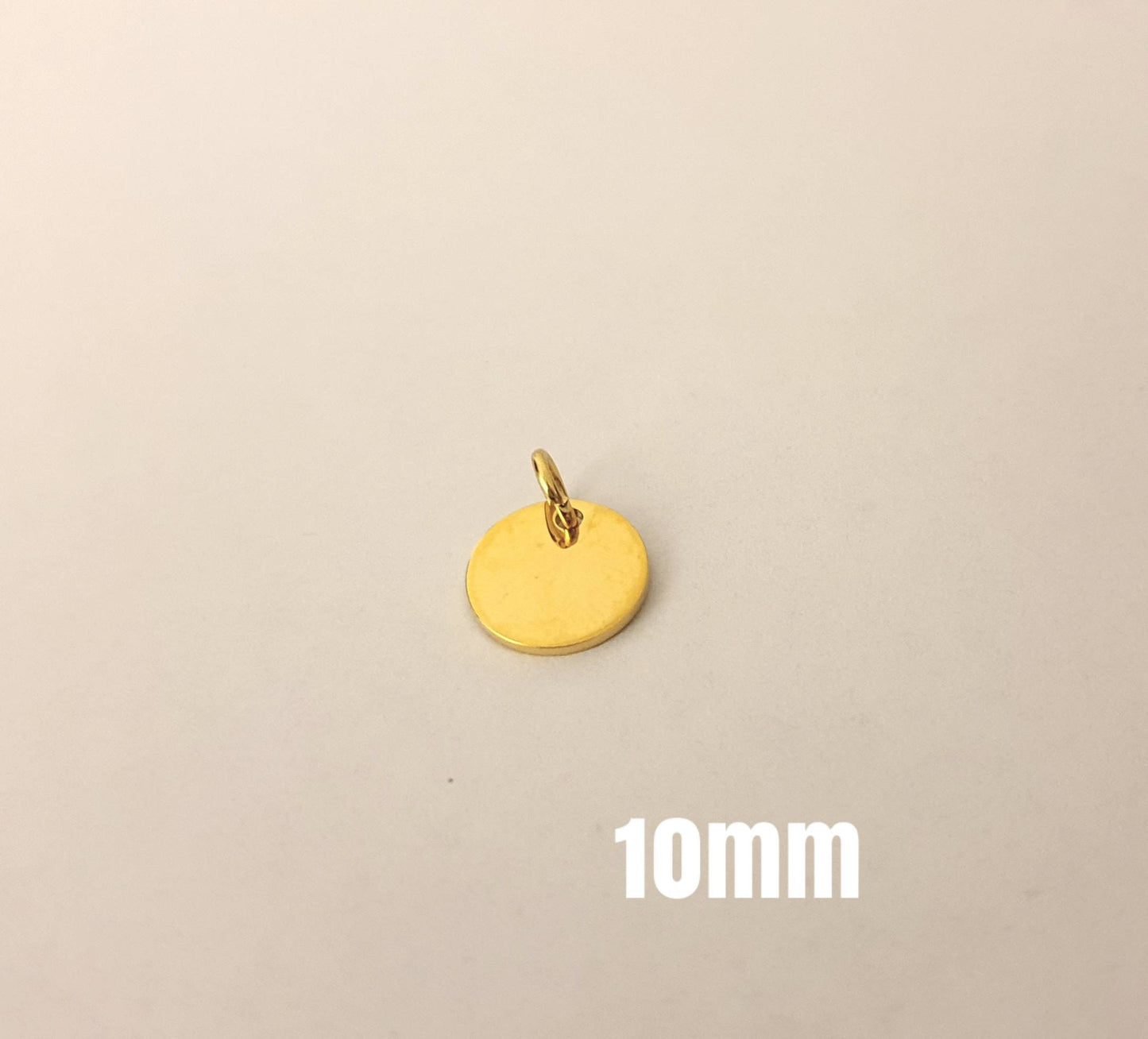 Personalised Gold Disc Charm, Disc with Jump Ring Only. Choose 8mm, 10mm, 12mm or 15mm, Add to Bracelet or Chain