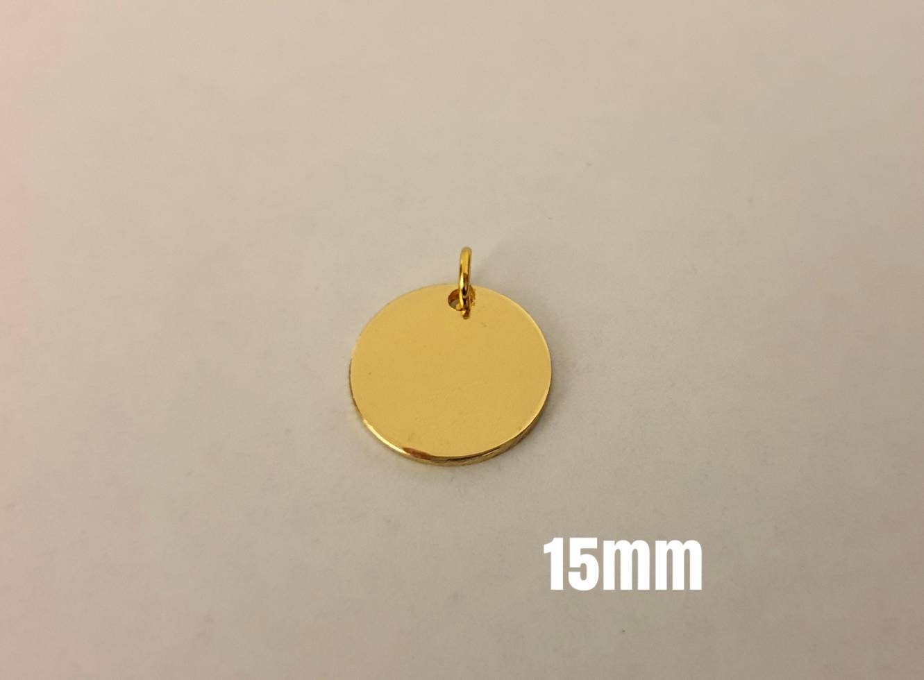 Personalised Gold Disc Charm, Disc with Jump Ring Only. Choose 8mm, 10mm, 12mm or 15mm, Add to Bracelet or Chain