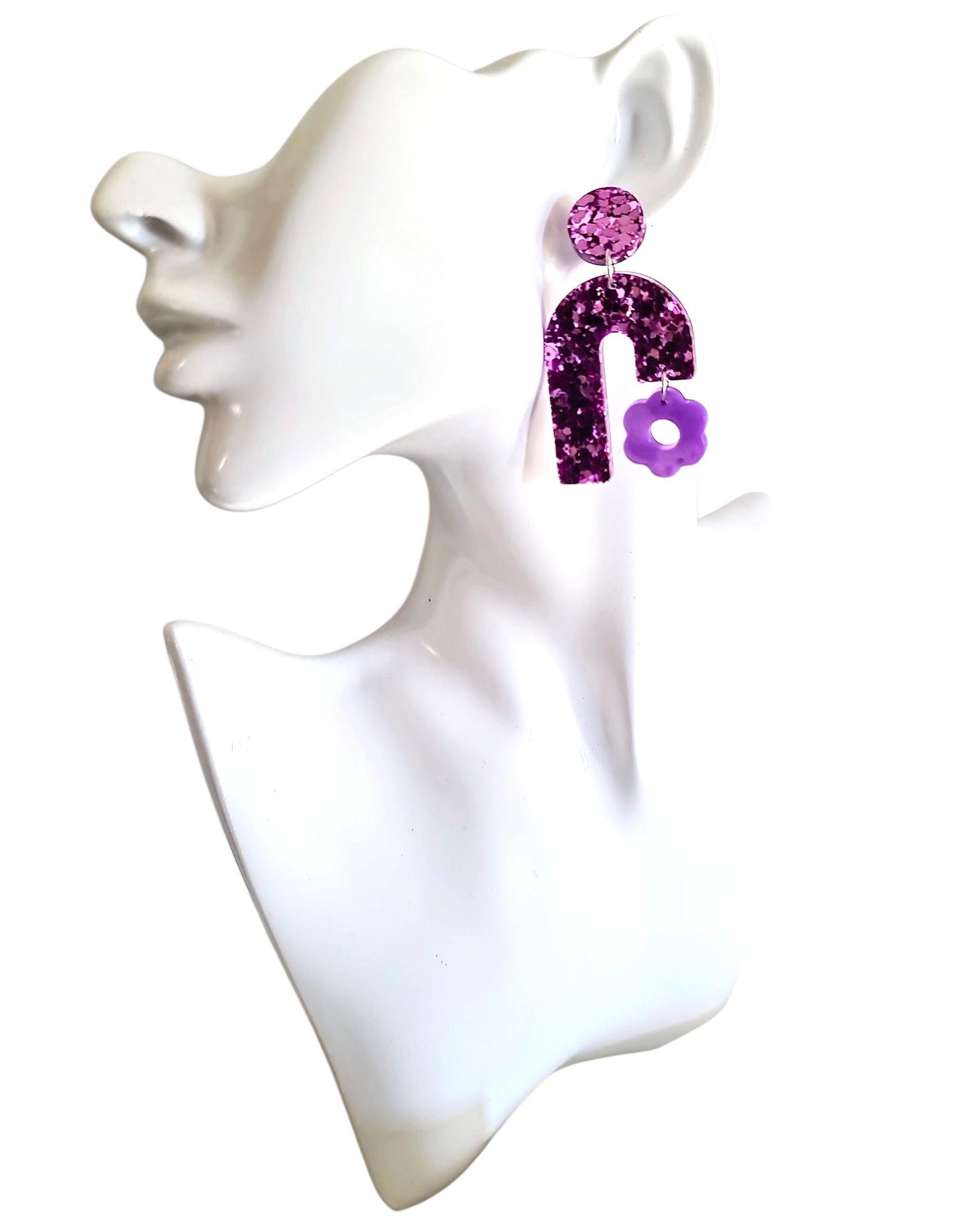 Blush Pink Arch Dangles with Purple Flower, Pink Glitter Resin,  Purple Flower Charm, Statement Stainless Steel Earrings