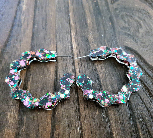 Large Wave Hoop Earrings, Black, Pink, Teal, Blue, Green Glitter, Resin Dangle Statement Earrings, Unique Design, Modern, Lightweight
