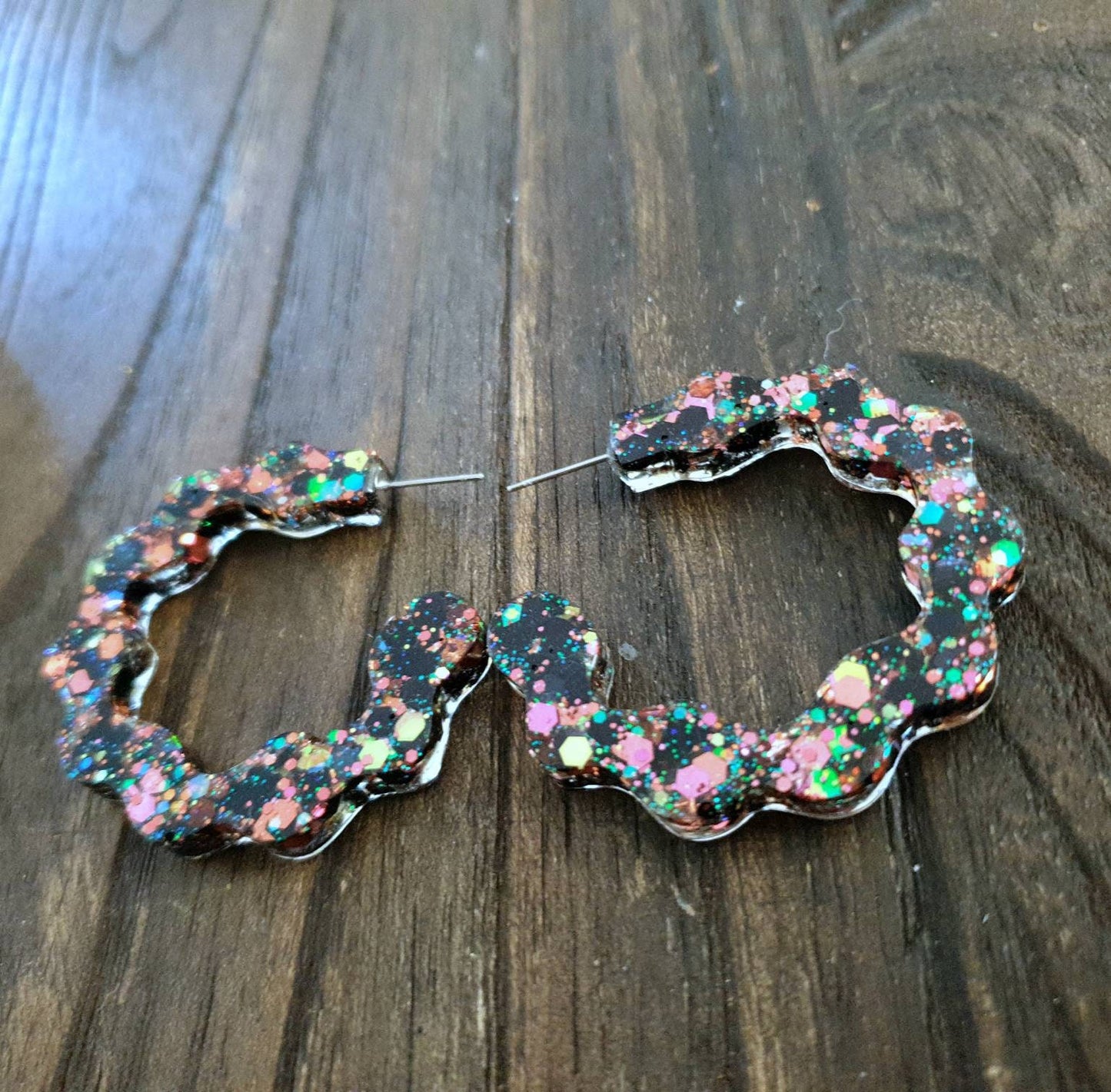 Large Wave Hoop Earrings, Black, Pink, Teal, Blue, Green Glitter, Resin Dangle Statement Earrings, Unique Design, Modern, Lightweight