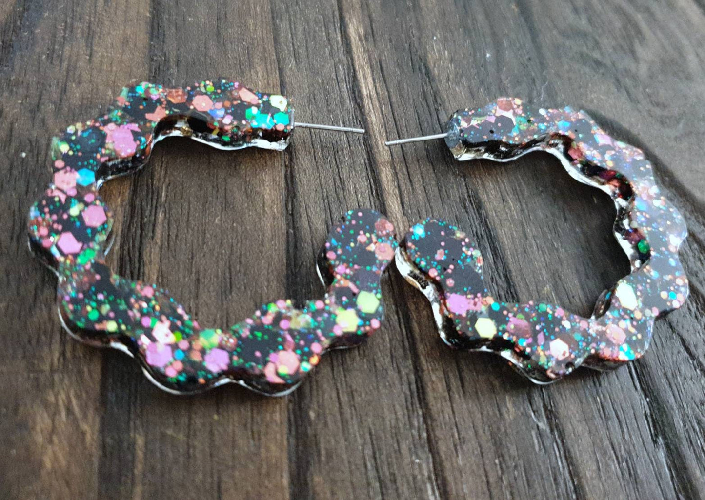 Large Wave Hoop Earrings, Black, Pink, Teal, Blue, Green Glitter, Resin Dangle Statement Earrings, Unique Design, Modern, Lightweight