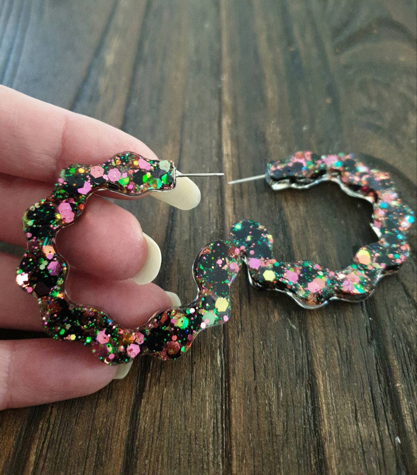 Large Wave Hoop Earrings, Black, Pink, Teal, Blue, Green Glitter, Resin Dangle Statement Earrings, Unique Design, Modern, Lightweight