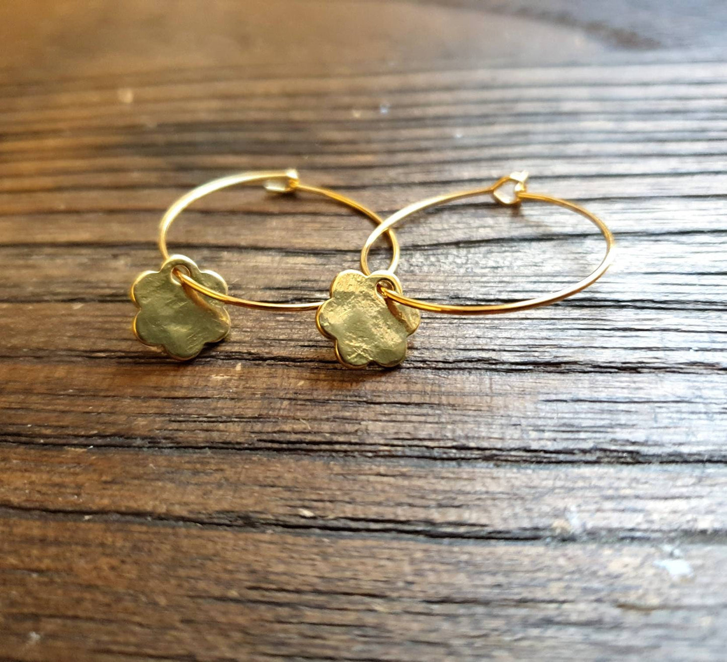 Gold Hammered Flower Disc Hoop Earrings, Stainless Steel Dangle,  Minimalist Earrings, 15mm or 25mm Hoops, Leverback,  Earwire Hooks
