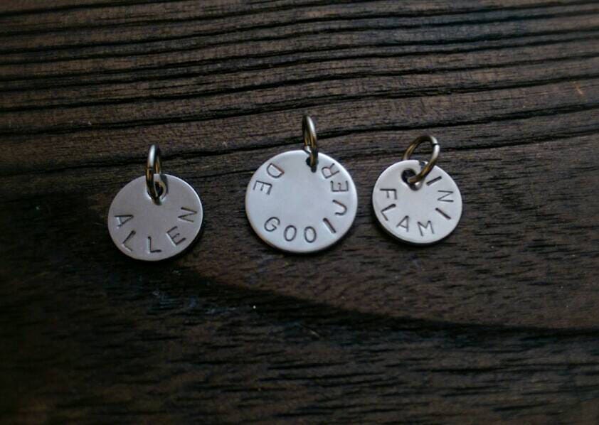 Personalised Hand Stamped Name Charm Disc Jump Ring. Choose 8mm, 10mm, 12mm & 15mm