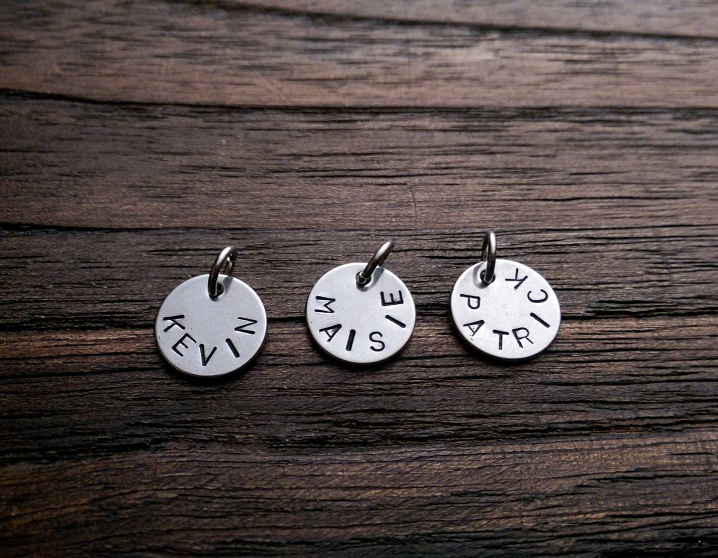 Personalised Hand Stamped Name Charm Disc Jump Ring. Choose 8mm, 10mm, 12mm & 15mm
