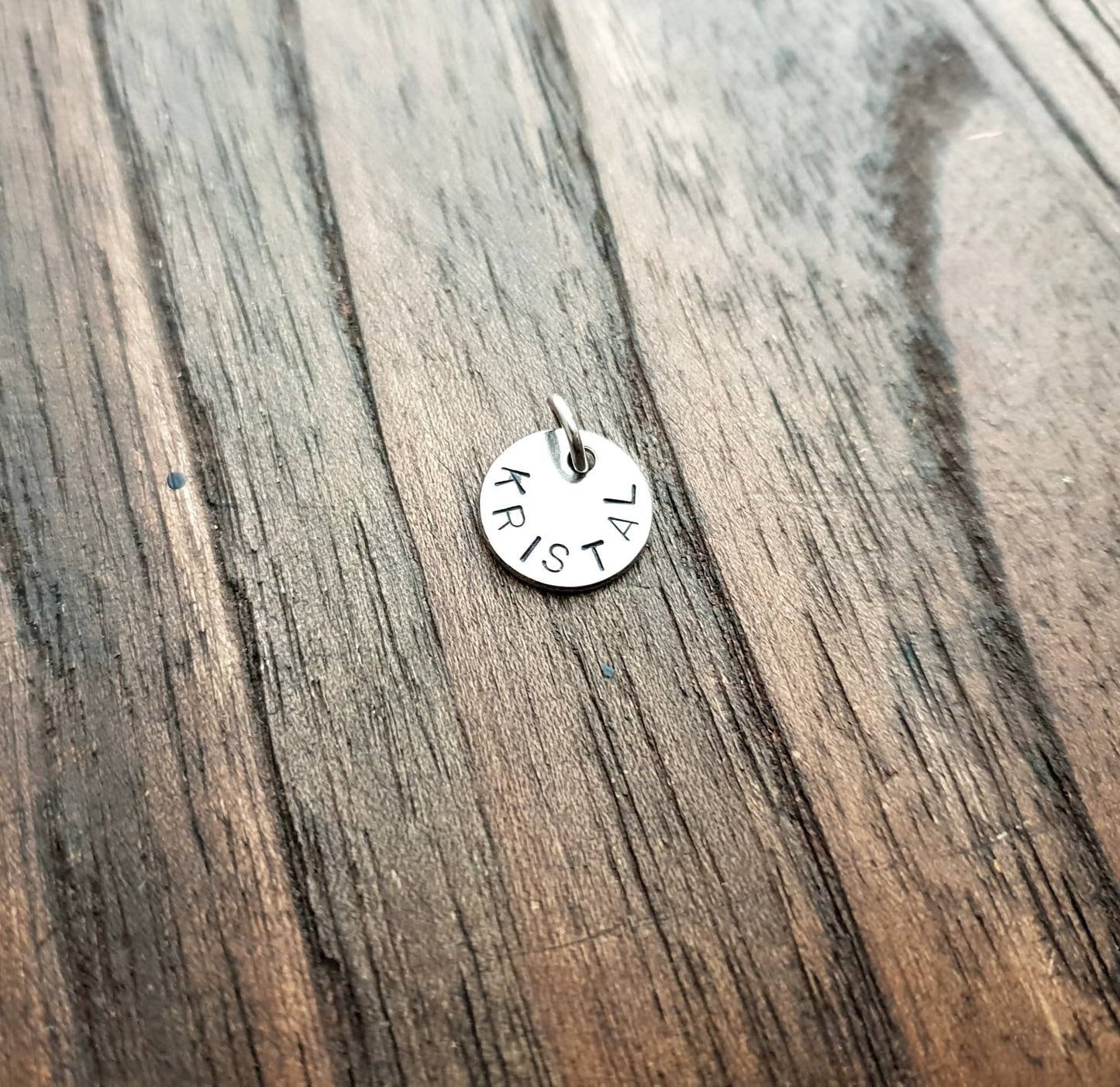 Personalised Hand Stamped Name Charm Disc Jump Ring. Choose 8mm, 10mm, 12mm & 15mm