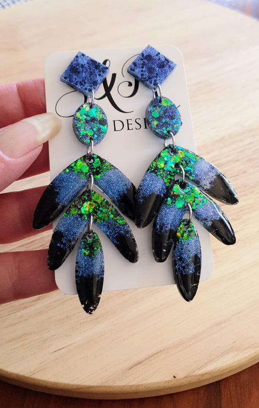 Oversized Leaves Dangle Drop Earrings, Purple Blue Green Black Glitter Resin Chandelier Dangles, Statement Chunky Earrings, Stainless Steel